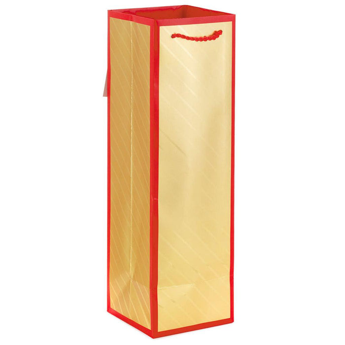 "Hallmark : 13\" Gold Stripes and Red Border Wine Bottle Gift Bag -"