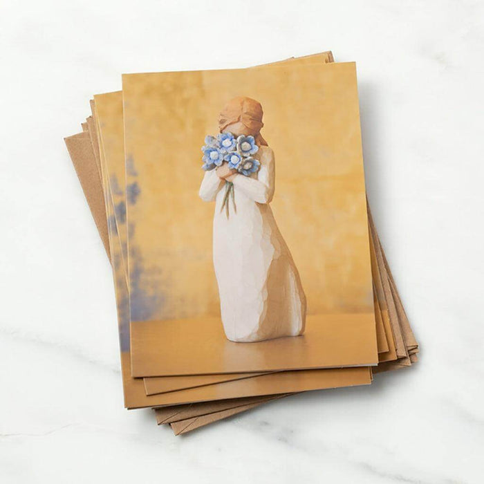 "Willow Tree Forget Me Not notecard pack featuring a figurine holding blue flowers on the cover, set of 8 blank greeting cards with kraft envelopes"