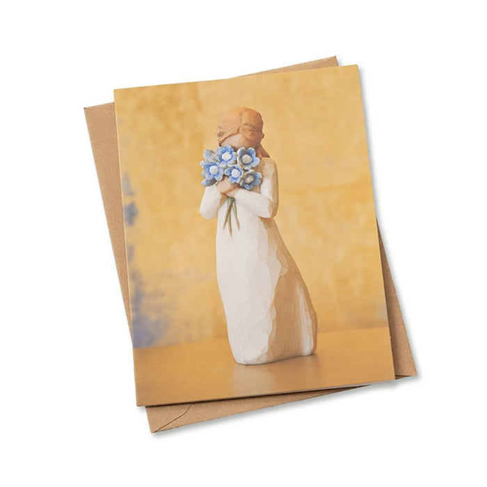 "Willow Tree Forget Me Not notecard pack featuring a figurine holding blue flowers on the cover, set of 8 blank greeting cards with kraft envelopes"