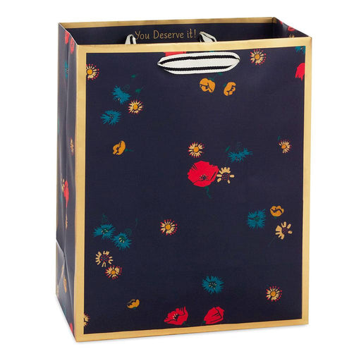 "Hallmark : 9.6\" Scattered Flowers on Black Medium Gift Bag -"