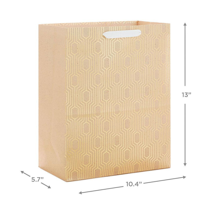 "Hallmark : 13\" Gold Geometric on Tan Large Gift Bag -"