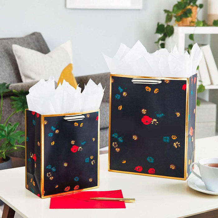"Hallmark : 13\" Scattered Flowers on Black Large Gift Bag -"