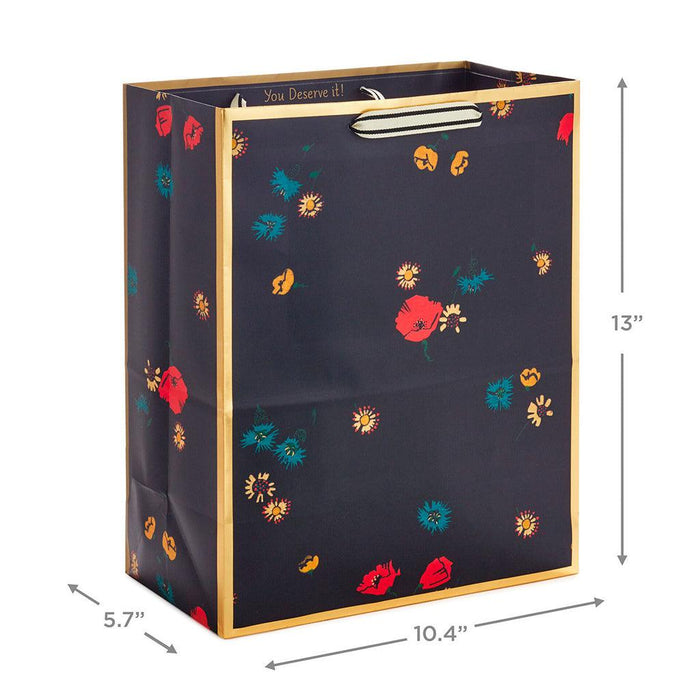"Hallmark : 13\" Scattered Flowers on Black Large Gift Bag -"