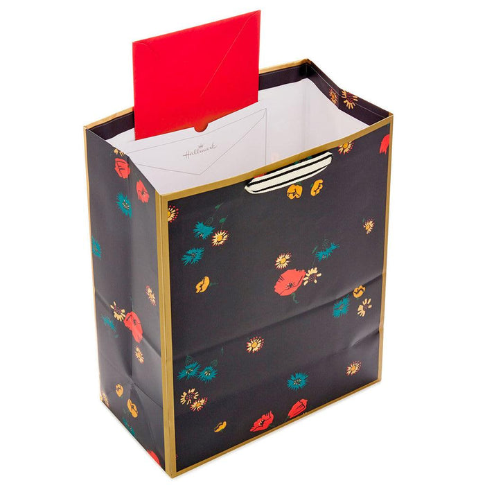 "Hallmark : 13\" Scattered Flowers on Black Large Gift Bag -"