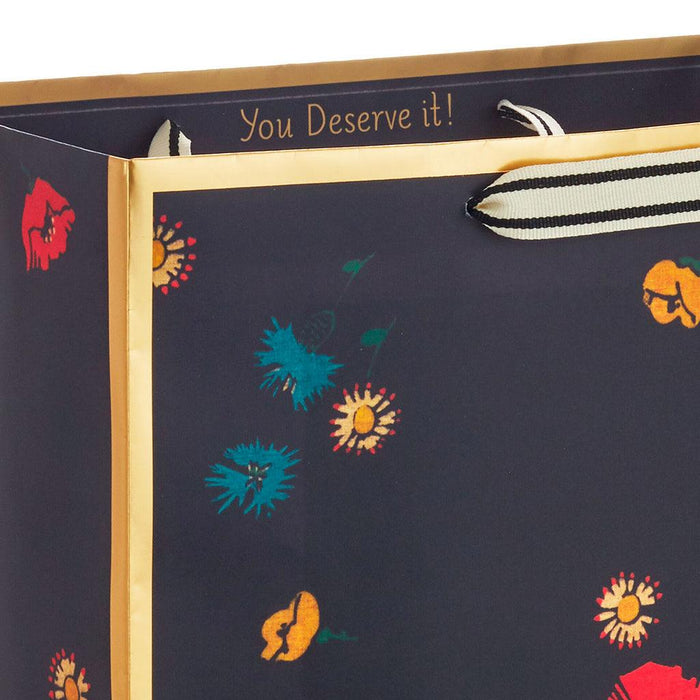 "Hallmark : 13\" Scattered Flowers on Black Large Gift Bag -"