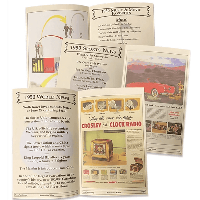 "3 booklets stacked and opened. Top 1950 music and movies. Middle 1950 sports news. Bottom 1950 world news.  "