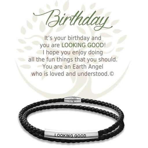"Earth Angel : Birthday Black Leather Bracelet -"