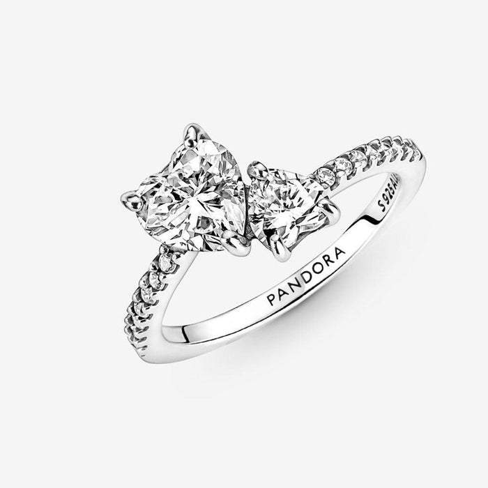 "PANDORA : Double Heart Sparkling Ring in Sterling Silver -"