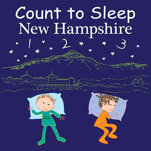 Book cover of 'Count to Sleep New Hampshire' with two children on pillows and a mountain landscape.