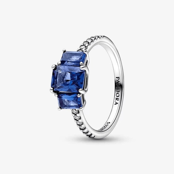"PANDORA : Blue Rectangular Three Stone Sparkling Ring -"