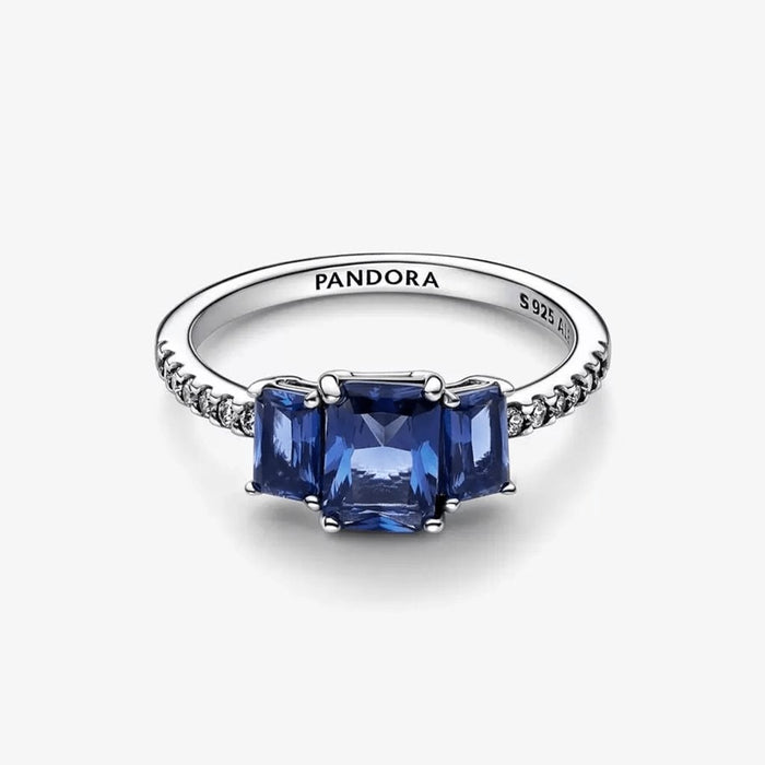 "PANDORA : Blue Rectangular Three Stone Sparkling Ring -"
