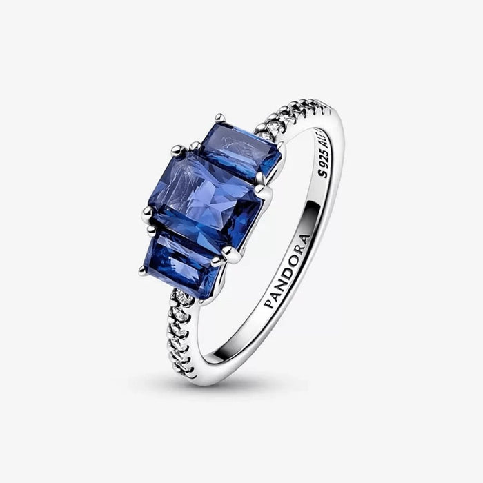 "PANDORA : Blue Rectangular Three Stone Sparkling Ring -"