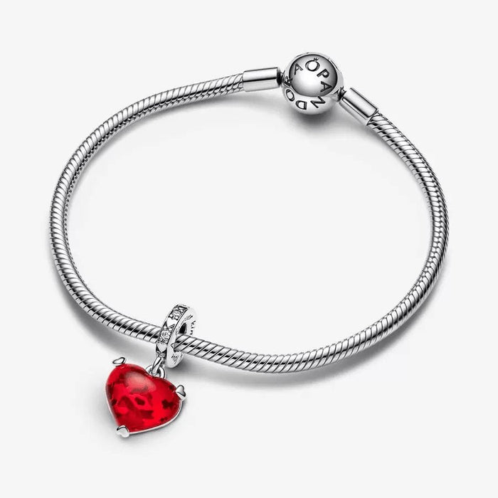 "PANDORA : Disney Mickey & Minnie Mouse Kiss Red Murano Glass Dangle Charm -"