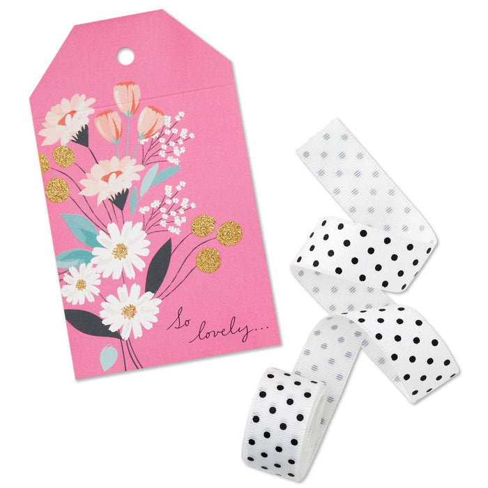 "Hallmark : Pink Floral Large Gift Tag and Ribbon Set -"