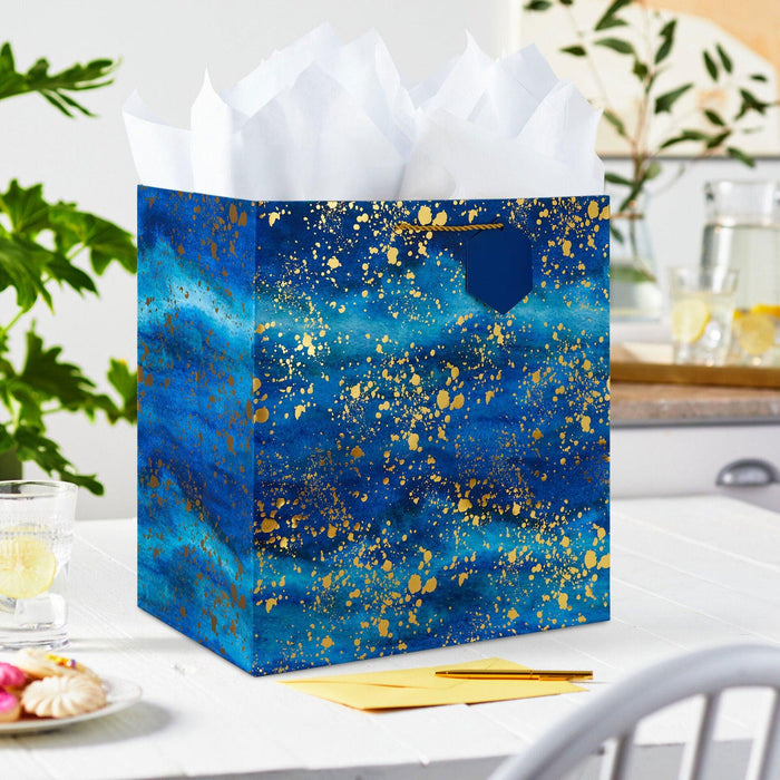 "Hallmark : 15\" Gold Splatter on Navy Blue Extra-Deep Gift Bag -"