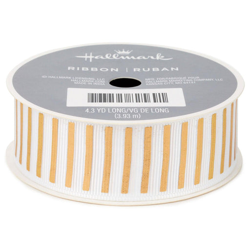 "Hallmark : 1\" Gold and White Stripe Grosgrain Ribbon, 12.9' -"