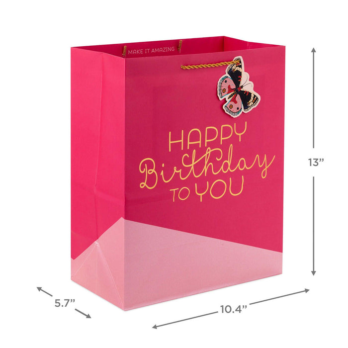 "Hallmark : 13\" Happy Birthday on Pink Large Gift Bag -"