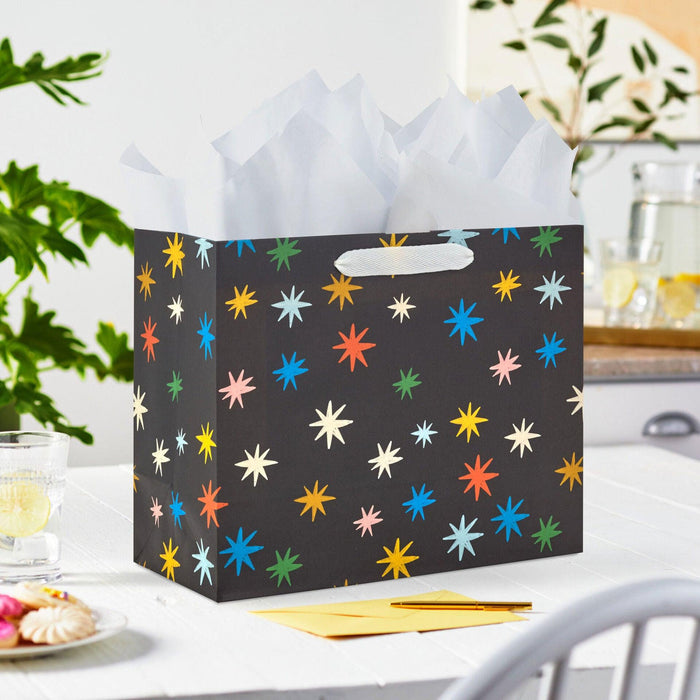 "Hallmark : 7.7\" Colorful Stars on Black Medium Horizontal Gift Bag -"