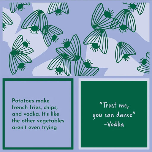 "Double-sided novelty cocktail napkin with green abstract fly pattern and vodka-themed funny quotes."