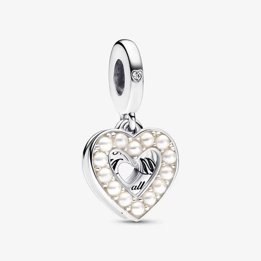 "PANDORA : Pearlescent White Heart Double Dangle Charm -"