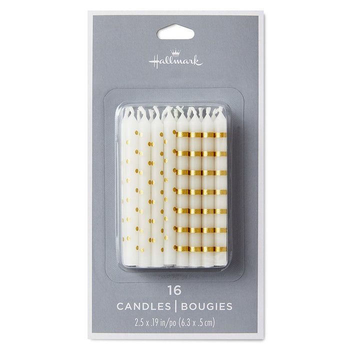 "Hallmark : Gold Stripes and Polka Dots on White Birthday Candles, Set of 16 - Hallmark : Gold Stripes and Polka Dots on White Birthday Candles, Set of 16"
