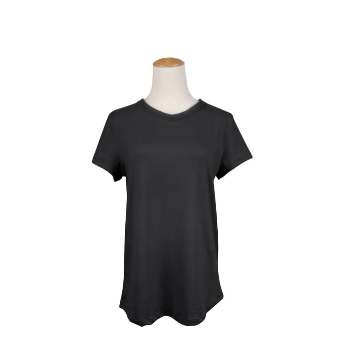 Black t-shirt on a mannequin against a white background