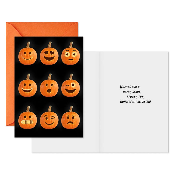 Close-up of Hallmark Halloween card featuring colorful jack-o'-lantern illustrations with raised details