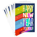 Colorful New Year greeting cards with festive shadow lettering, pack of 6