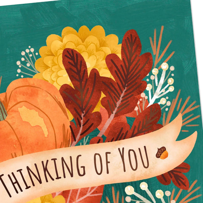 Boxed Hallmark Thanksgiving cards with harvest artwork, pumpkins, golden acorns, deep red leaves, and matching envelopes.