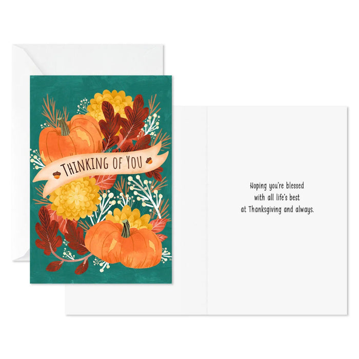 Boxed Hallmark Thanksgiving cards with harvest artwork, pumpkins, golden acorns, deep red leaves, and matching envelopes.