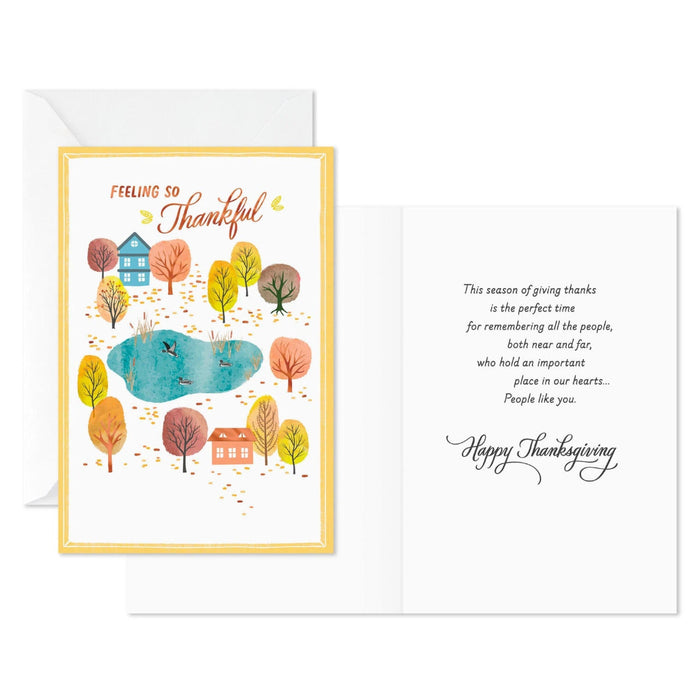 Hallmark The Important People in Our Hearts Thanksgiving Cards featuring a watercolor autumn landscape with cozy homes, a blue pond, colorful fall trees, and 6 matching envelopes.