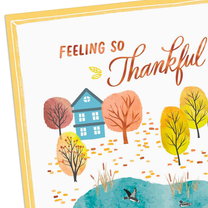 Hallmark The Important People in Our Hearts Thanksgiving Cards featuring a watercolor autumn landscape with cozy homes, a blue pond, colorful fall trees, and 6 matching envelopes.