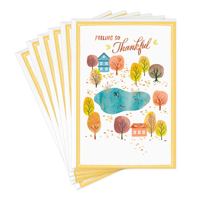 Hallmark The Important People in Our Hearts Thanksgiving Cards featuring a watercolor autumn landscape with cozy homes, a blue pond, colorful fall trees, and 6 matching envelopes.