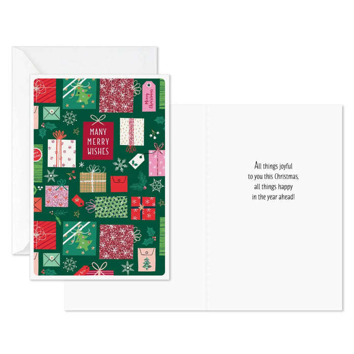 Hallmark Patchwork of Presents Christmas cards pack of 6 featuring colorful wrapped gifts and a cheerful festive holiday design