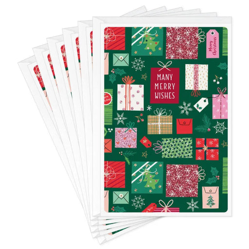 Hallmark Patchwork of Presents Christmas cards pack of 6 featuring colorful wrapped gifts and a cheerful festive holiday design