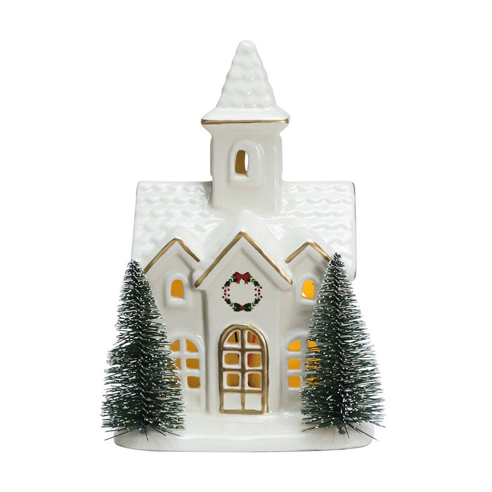 7" LED Ivory & Gold Village Ceramic Church - 7" LED Ivory & Gold Village Ceramic Church