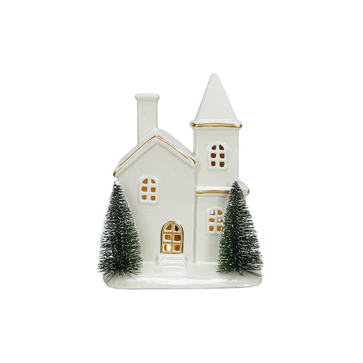 7" LED Ivory & Gold Village Ceramic Sanctuary - 7" LED Ivory & Gold Village Ceramic Sanctuary