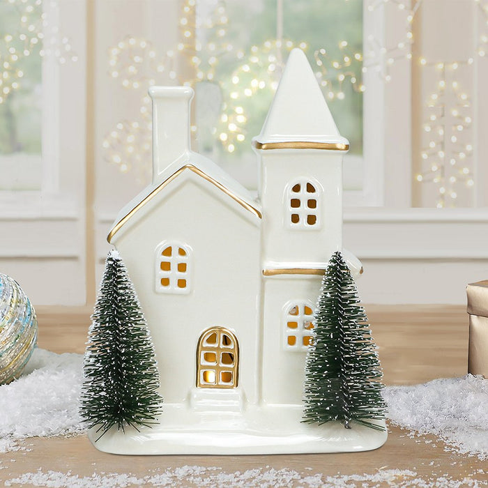 7" LED Ivory & Gold Village Ceramic Sanctuary - 7" LED Ivory & Gold Village Ceramic Sanctuary