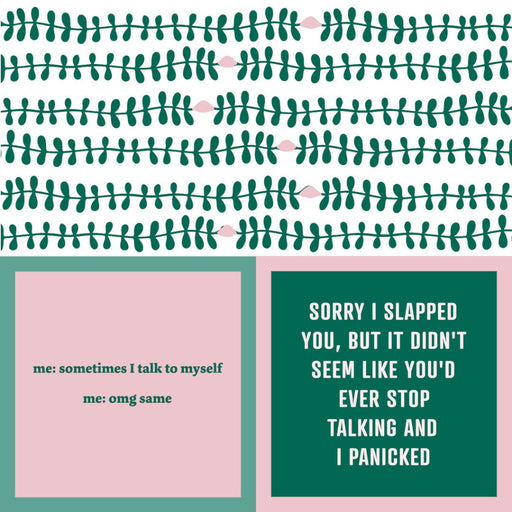 Two sided napkins Two text boxes with humorous quotes on a patterned background