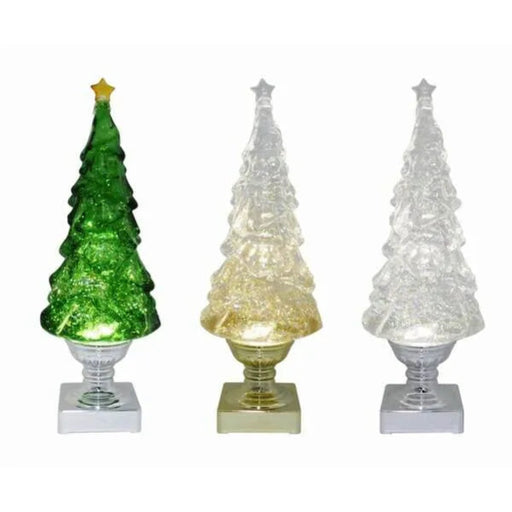 Three decorative Christmas trees with different color lights on a white background includes one at random 