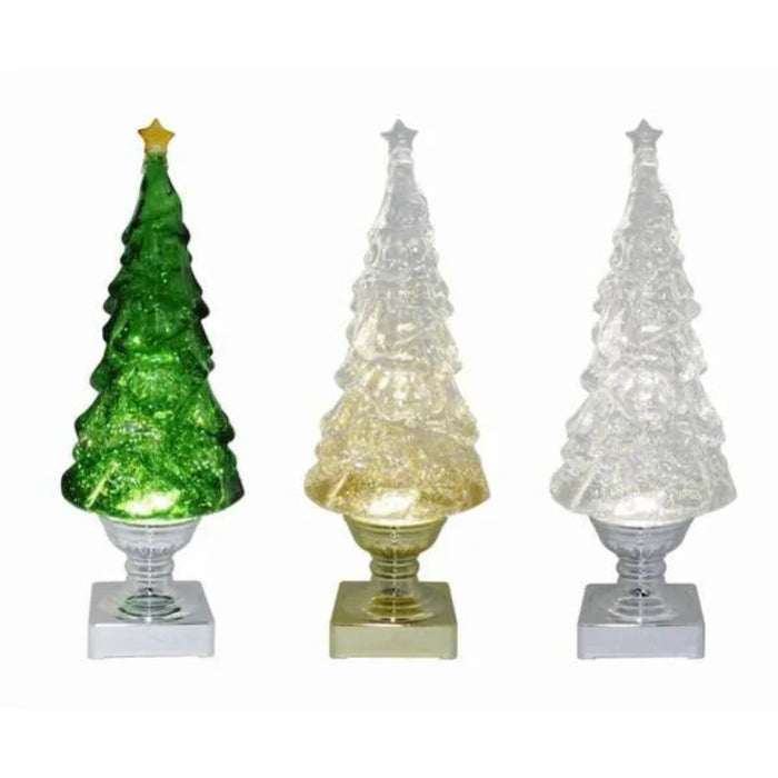 Three decorative Christmas trees with different color lights on a white background includes one at random 