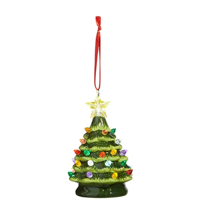 Decorative Christmas tree ornament with colorful lights on a white background