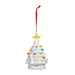 White ceramic Christmas tree ornament with colorful lights and a gold star on a white background