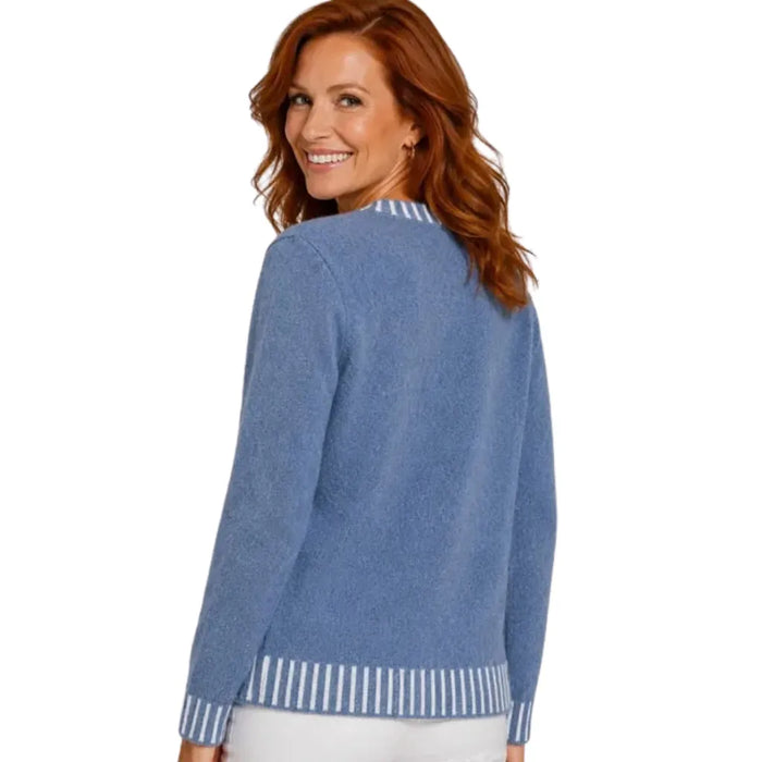 A woman with red hair is shown from the back wearing a heathered blue knit cardigan with white striped ribbed trim at the collar, cuffs, and hem, against a plain white background.