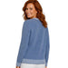 A woman with red hair is shown from the back wearing a heathered blue knit cardigan with white striped ribbed trim at the collar, cuffs, and hem, against a plain white background.