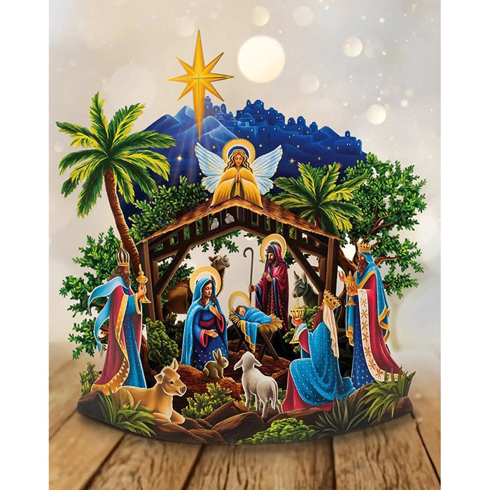 Nativity scene with Mary, Joseph, baby Jesus, and angels made from paper