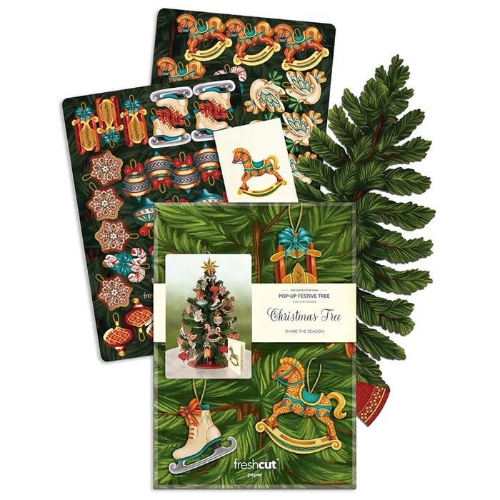 Christmas-themed greeting cards and pop up Christmas tree festive designs on a white background.
