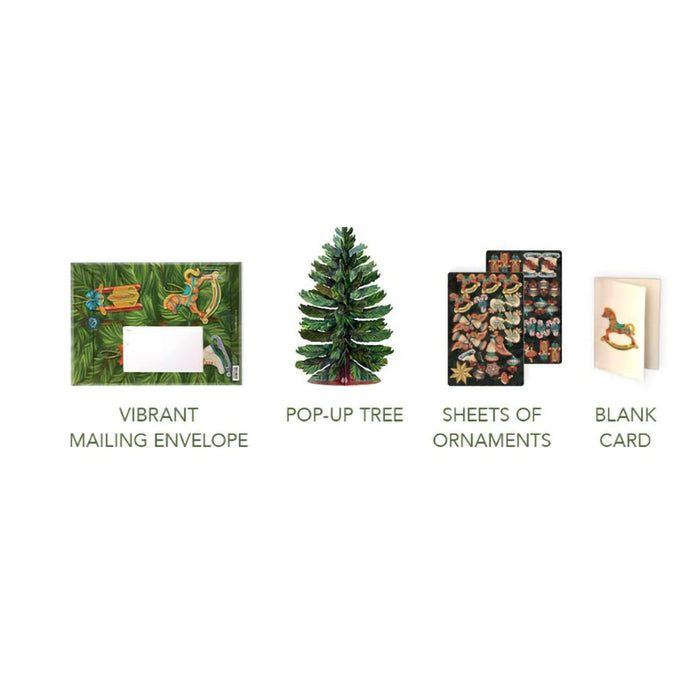 Collection of Christmas-themed items including a vibrant mailing envelope, pop-up tree, sheets of ornaments, and a blank card on a white background.