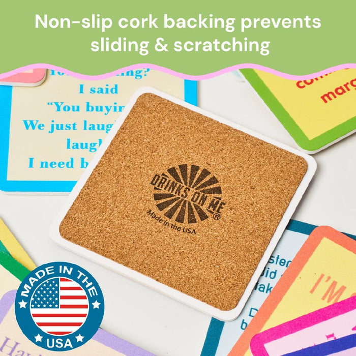 Cork-backed coaster helps protect tables and countertops from moisture, heat, and scratches
