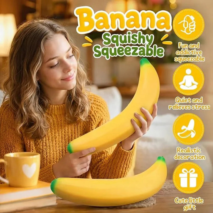 Woman holding a squishy banana toy with product features displayed.